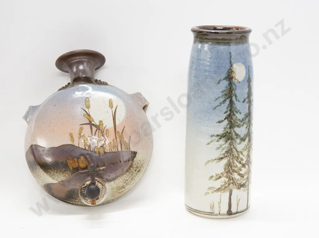 Hand Painted Pottery Wine Wall Flask Together With a Stoneware Vase Image 1++