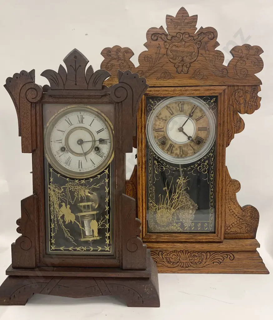 2 American Gingerbread Mantel Clocks Image 1++