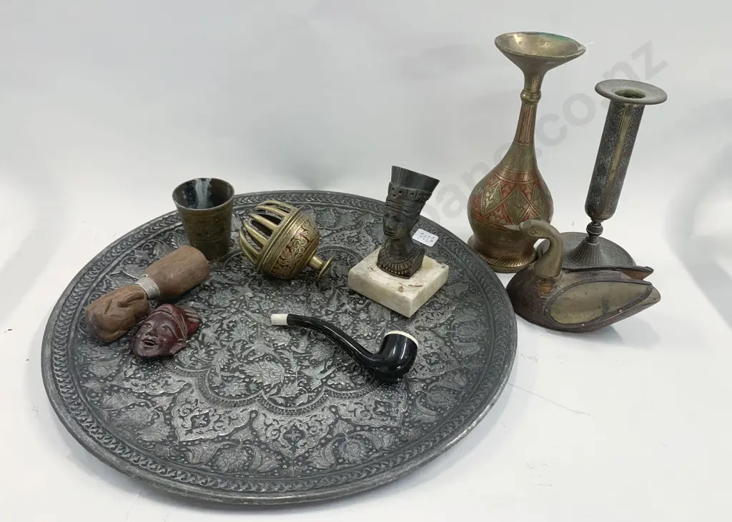 Qty of Assorted Metal and Wooden Ornaments on Embossed Tray Image 1++