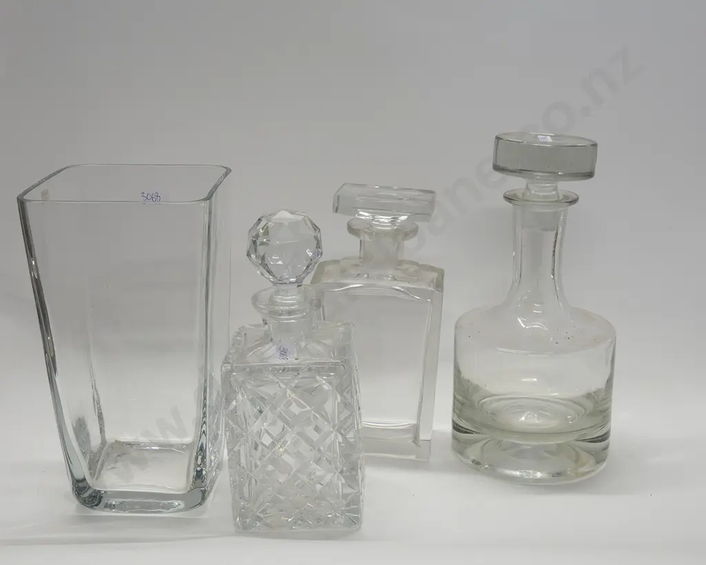 3 Crystal and Glass Decanters Together With Vase (AF) Image 1++