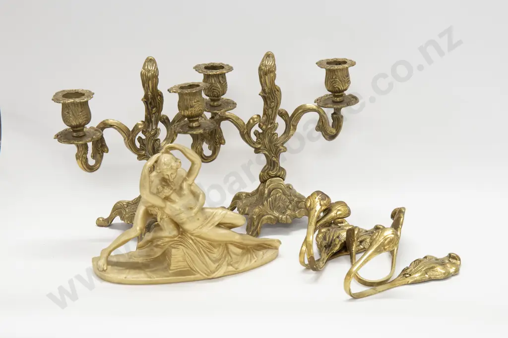Pair of Brass 2 Light Candelabra Together With Decorative Coat Hooks etc. Image 1++