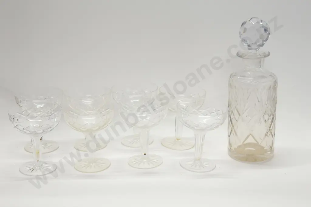 Pressed Glass Decanter Together With 8 Crystal Holo Stemmed Champagne Glasses Image 1++
