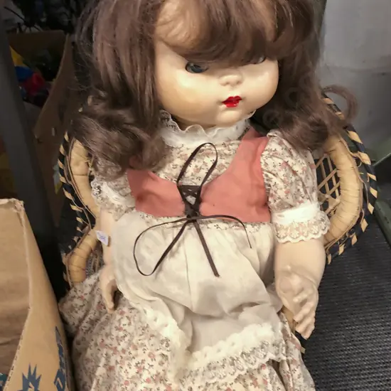 NZ Pedigree Walkie Talkie Together With Cane Chair and New Bisque Doll