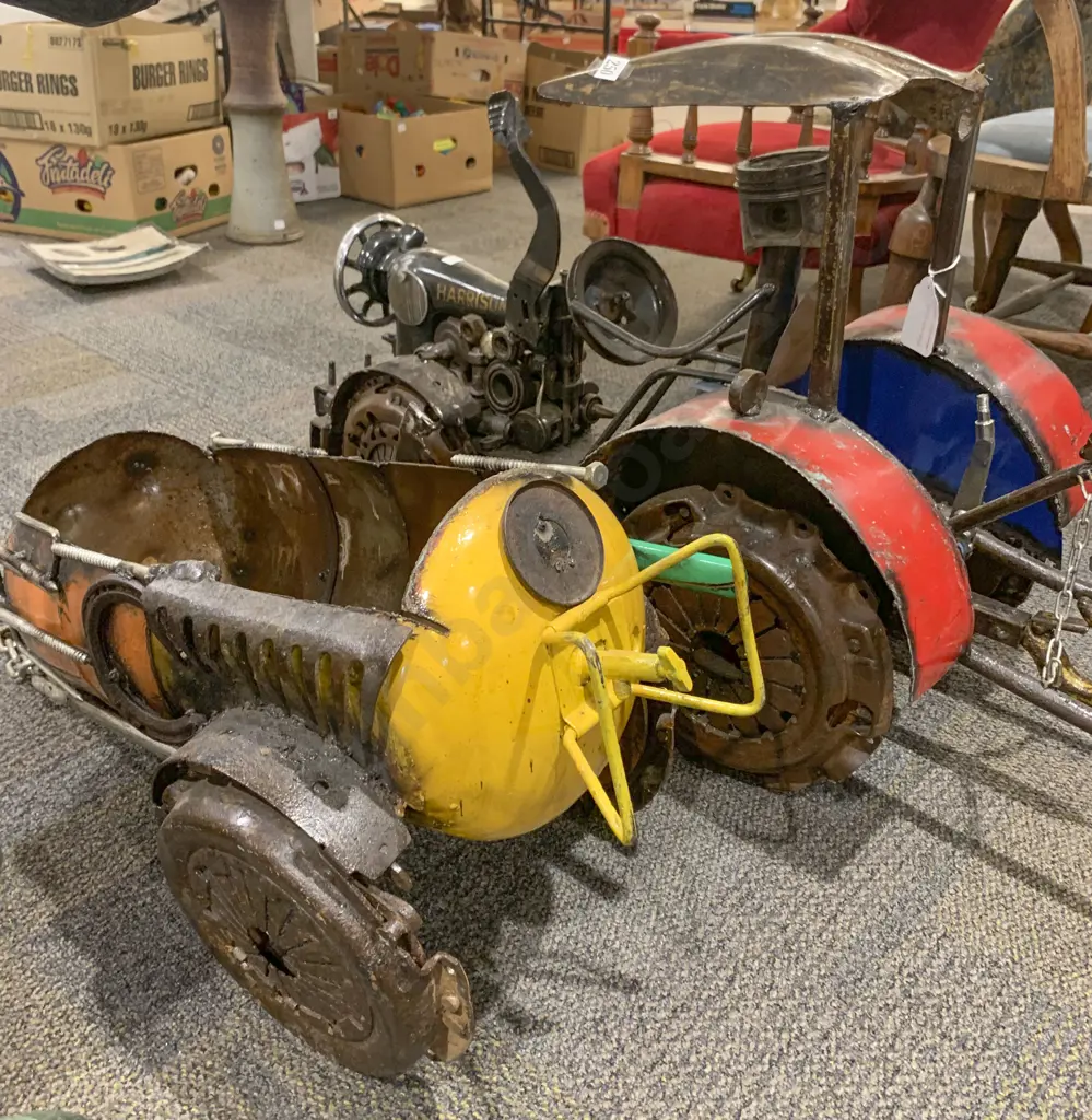 Steam Punk Cast Metal Tractor and Trailer Image 1++