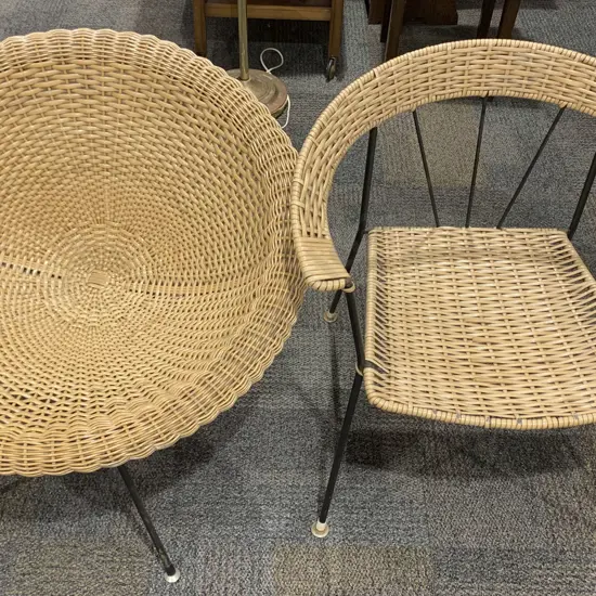 Wicker Tub Chair and Floral Cushion Together With Other Wicker Arm Chair