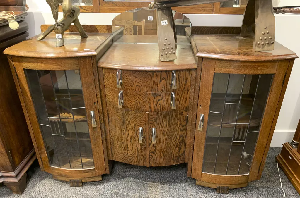 Art Deco Oak Sideboard With Leadlight Doors Image 1++