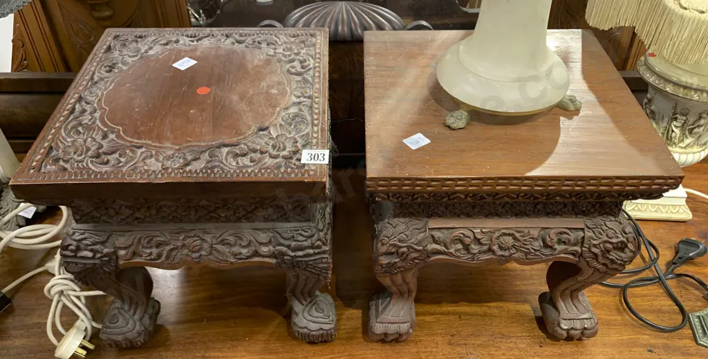 2 Low Carved Plant Stands Image 1++