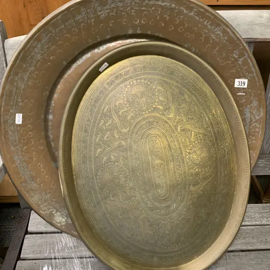 Large Copper Charger Together With Brass Oval Tray