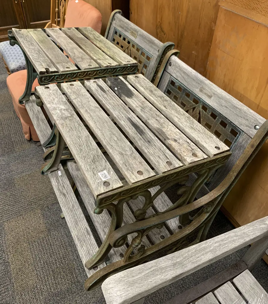Pair of Parkland Heritage Cast Metal and Wooden Outdoor Chairs Together With 2 Matching Foot Stools (1 AF) Image 1++