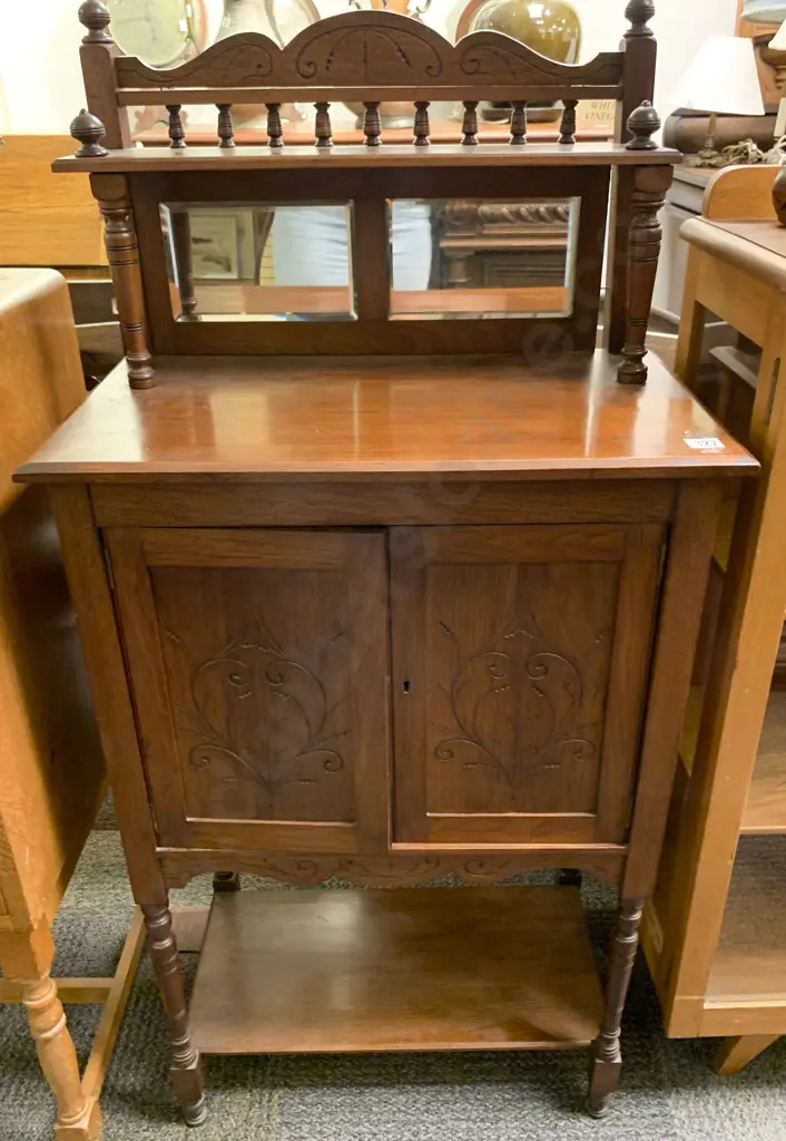 Small Carved Cabinet With Gallery and Mirrored Top Image 1++