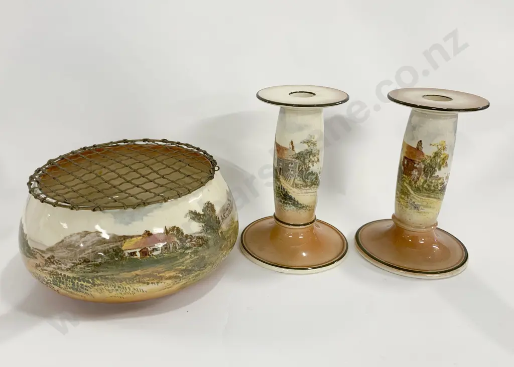 Two RD Country Scenes Candle Sticks Together With Rose Bowl (Hairline Fracture) Image 1++