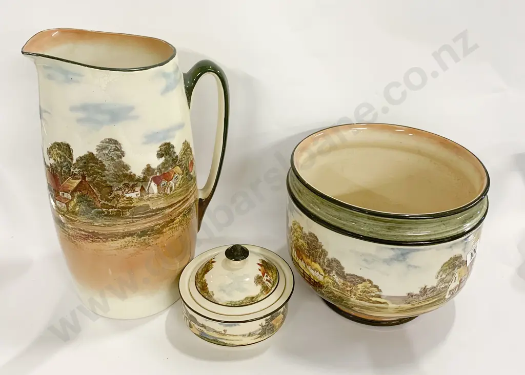RD Country Scenes Toilet Jug Together With Jardinière and Soap Dish Image 1++