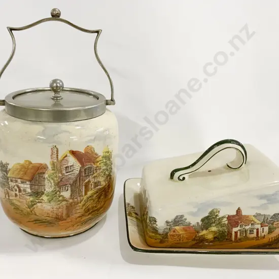 RD Country Scenes Cheese Dish Together With Jar