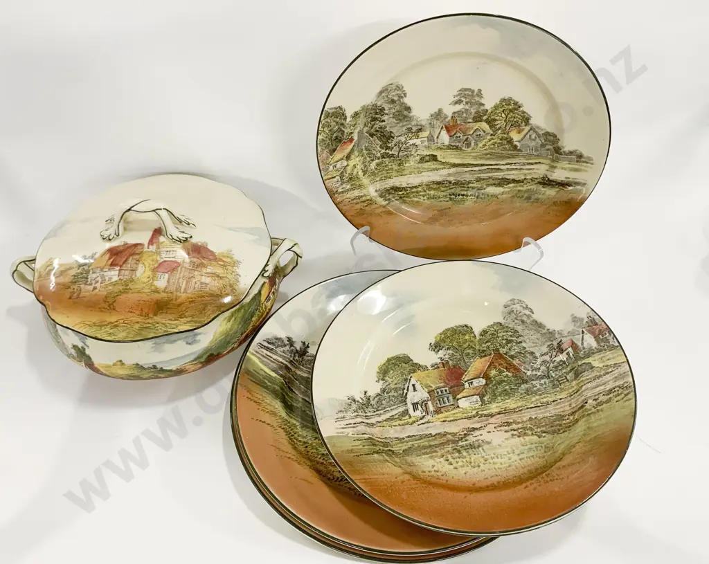 RD Country Scenes Vegetable Dish (Mismatched Lid) Together With Five Plates Image 1++