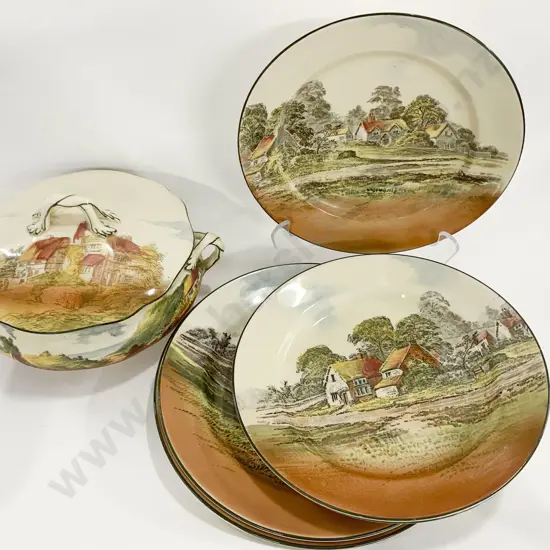RD Country Scenes Vegetable Dish (Mismatched Lid) Together With Five Plates