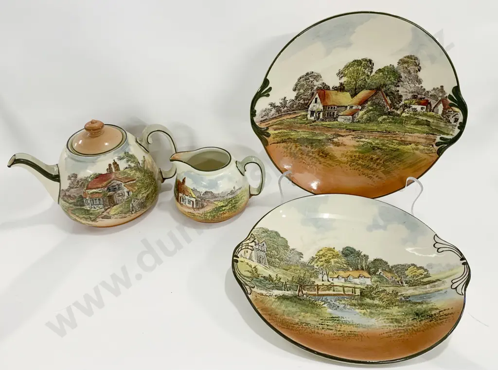 RD Country Scenes Tea Pot and Milk Jug Together With Two Plates Image 1++