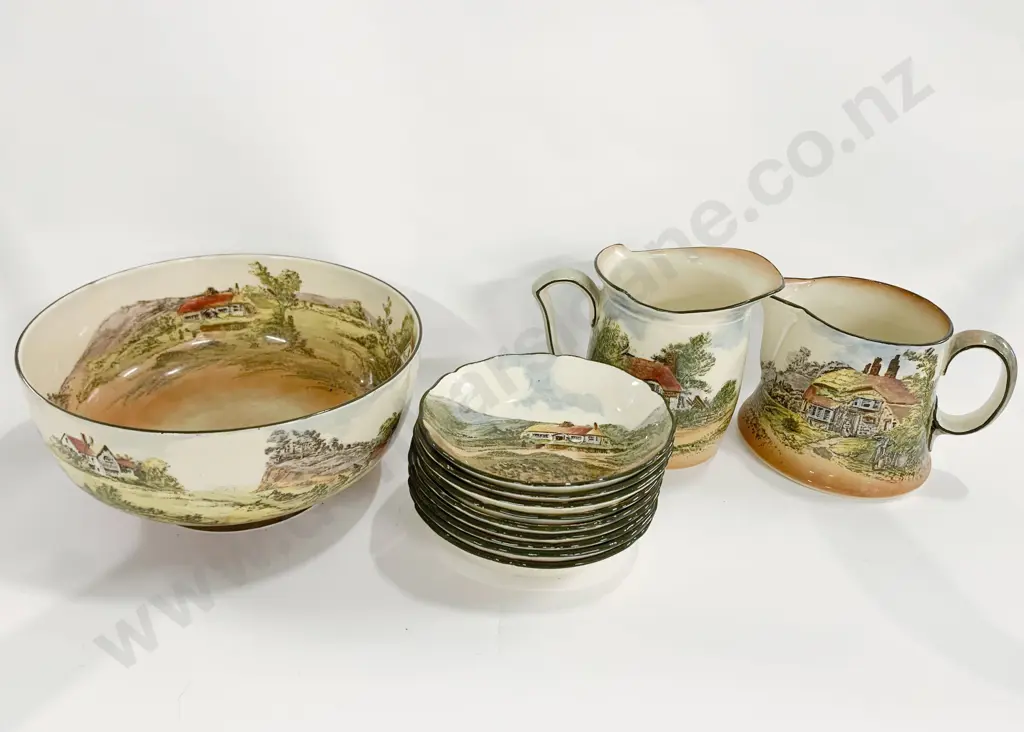 Two RD Country Scenes Milk Jugs Together With Nine Plates and Bowl Image 1++