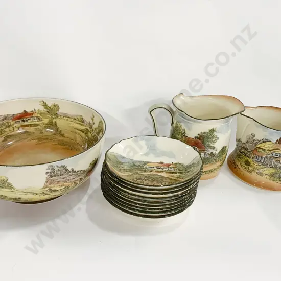 Two RD Country Scenes Milk Jugs Together With Nine Plates and Bowl
