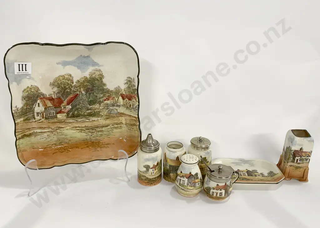 Five RD Country Scenes Condiment Containers Together With Vase and Two Plates Image 1++