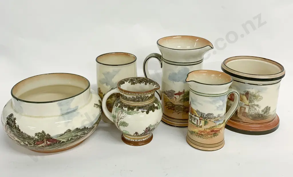 Three RD Country Scenes Jugs and Bowl Together With Vase and Jar Image 1++