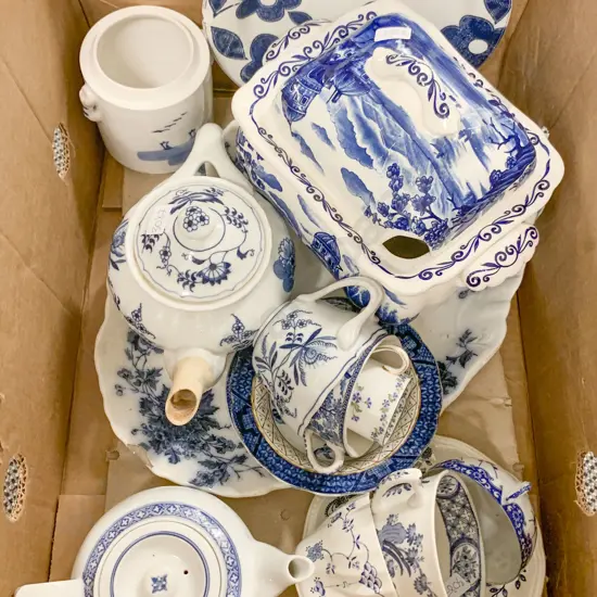Boxed Qty of Assorted Blue and White China
