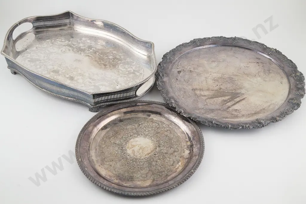 S/P Galleried Drinks Tray & 2 Circular Salvers Together With Double Handled Tray Image 1++