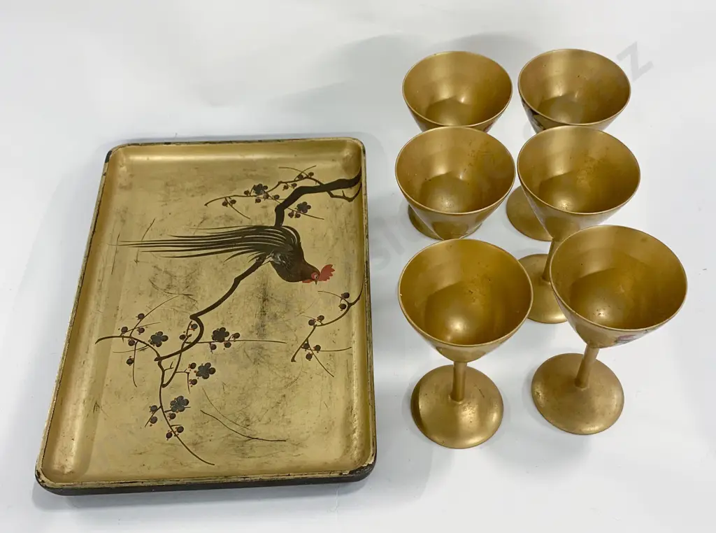 Gilt Painted Lacquered Tray With Six Matching Goblets Image 1++