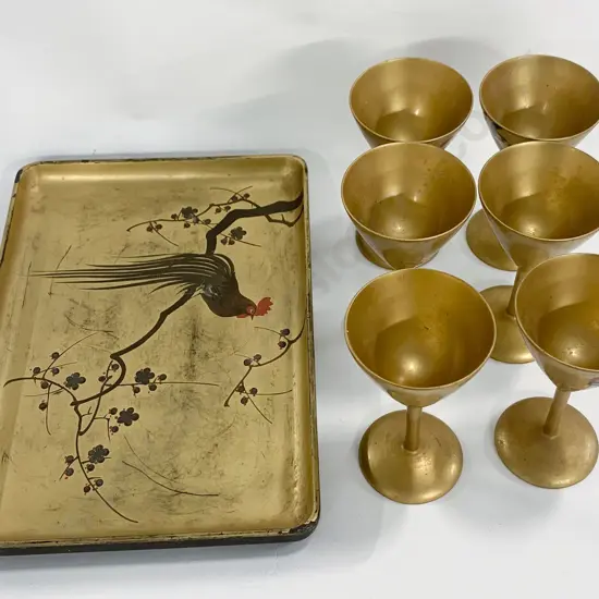 Gilt Painted Lacquered Tray With Six Matching Goblets