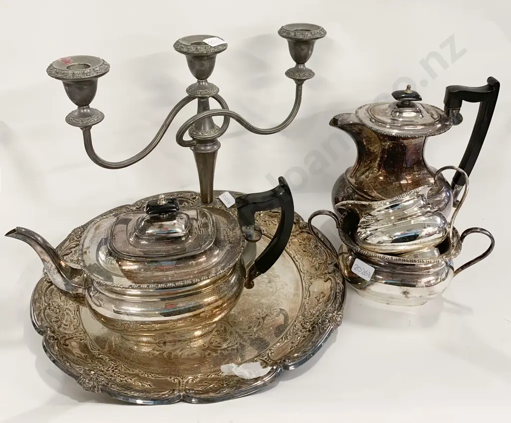 Four Piece S/P Tea Set Together With Candelabra and Circular Tray Image 1++