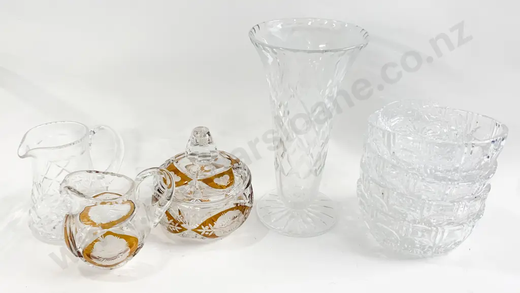 Qty of Assorted Crystal and Glass Ware Including Trumpet Vase Small Crystal Bowls and Trays etc. Image 1++