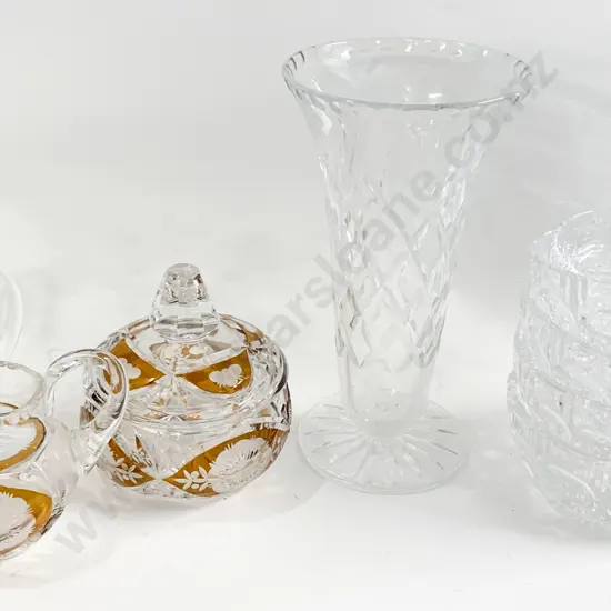 Qty of Assorted Crystal and Glass Ware Including Trumpet Vase Small Crystal Bowls and Trays etc.