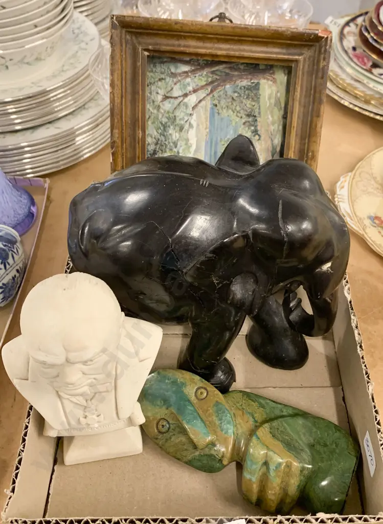 Small Box Including Small Bust of Winston Churchill and Ebonized Elephant (Missing Tusks) etc. Image 1++