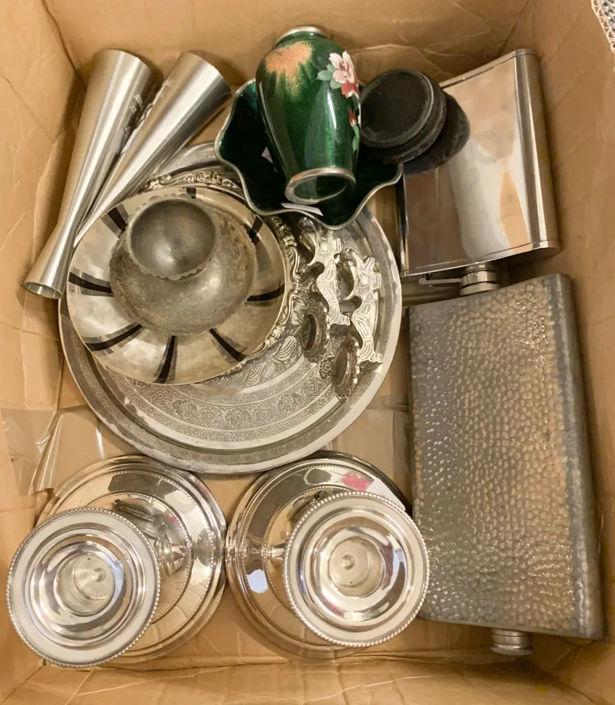 Box of Assorted S/P and Metal Ware Including Flasks and Candle Sticks Image 1++