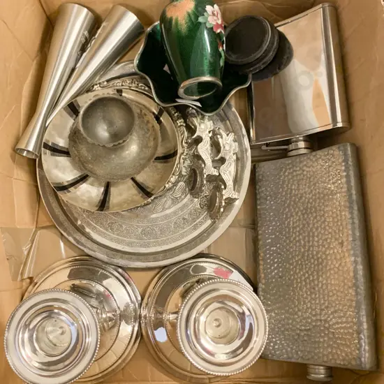 Box of Assorted S/P and Metal Ware Including Flasks and Candle Sticks