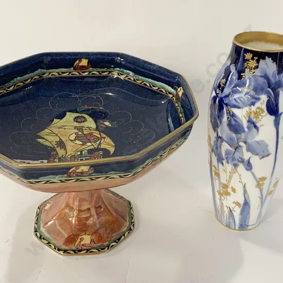 Royal Winton Octagonal Lustre Comport Together With Signed Doulton Vase (AF)