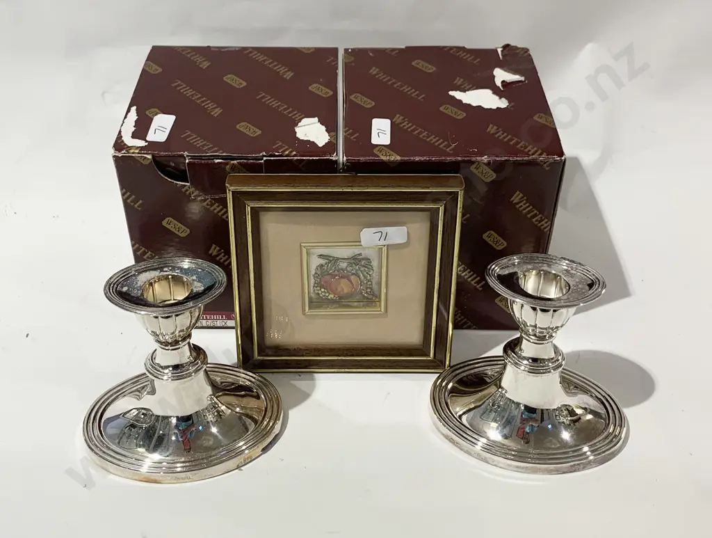Two Boxed Whitehill S/P Candle Sticks Together With Small Framed Work Image 1++