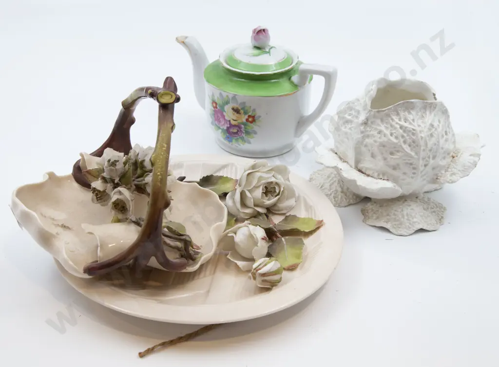 Floral Form Plate and Basket Together With Rose Bowl and Tea Pot Image 1++