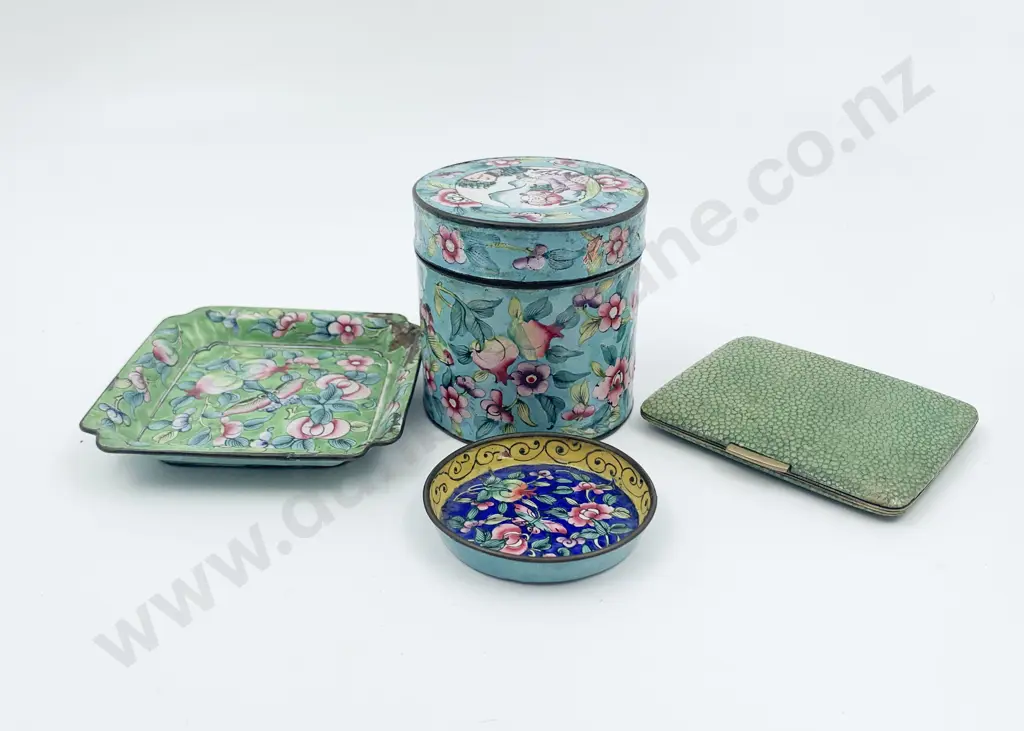 Three Small Chinese Enamel Pieces and Shagreen Case Image 1++