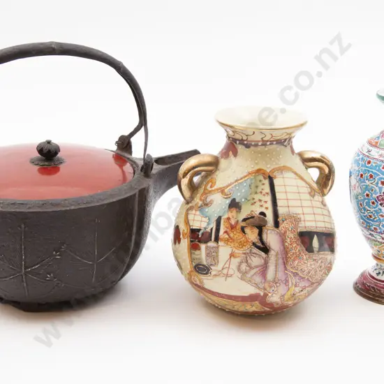 Japanese Meiji Period Tetsubin (Teapot) with Red Lacquer Lid and Two other Vases