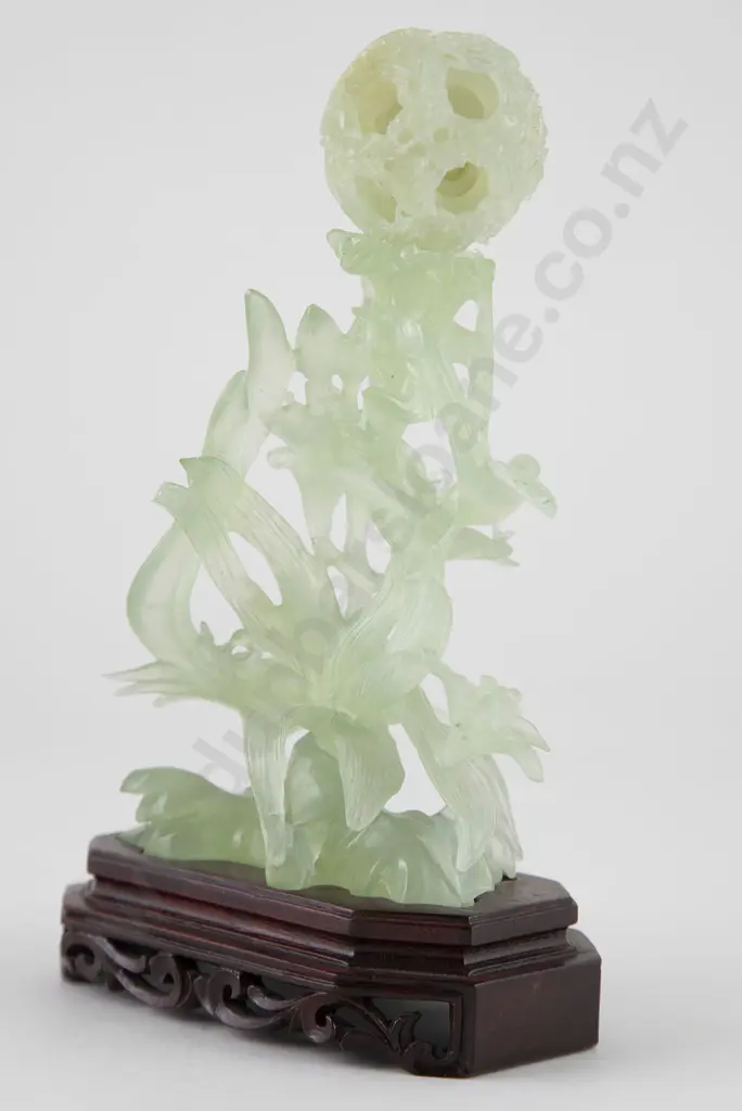 Carved Celadon Jade Puzzle Ball & Birds Ornament Image 1++