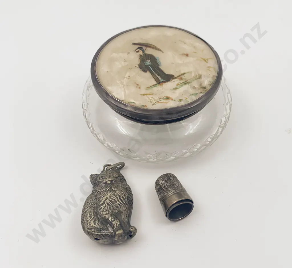 Small S/S Cat Form Baby Rattle Together With Two Thimbles in S/S Topped Powder Bowl Image 1++