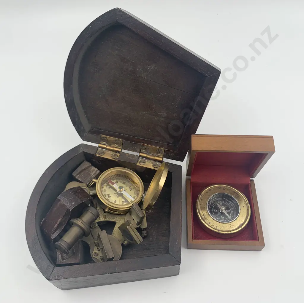 Repro Brass Sextant in Case Together With Two Compasses Image 1++