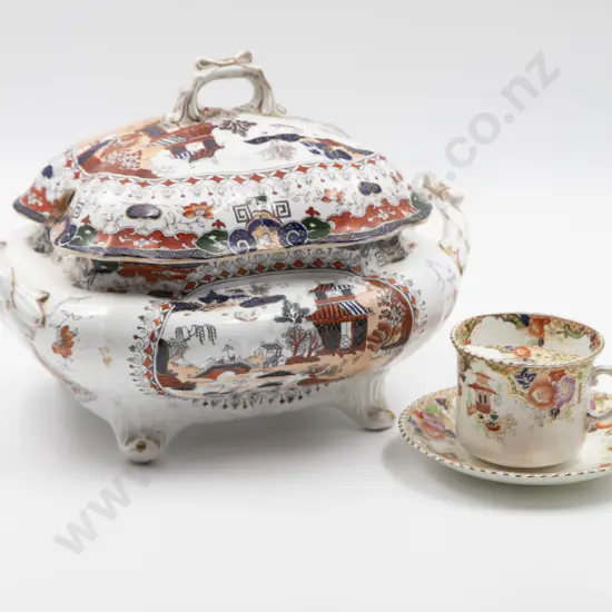 Victorian lidded tureen and a moustache cup