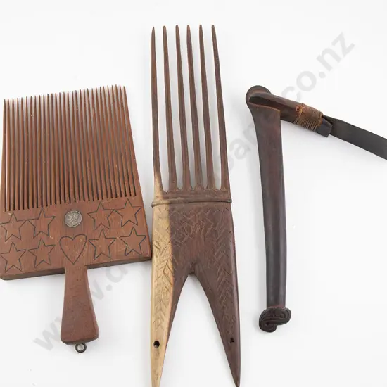 Hafted adze and two Pacific island combs