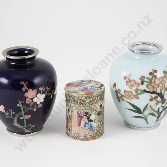 Chinese Famille Rose lidded Pill  box and two small cloisonné vases
