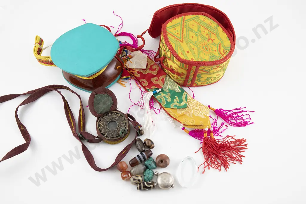 Tibetan Damaru ( Ritual Drum) together with a small Gau and Tibetan Beads Image 1++