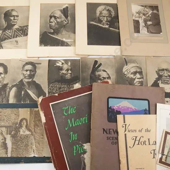Albumen photograph depicting Bella Papakura together with a collection of other photo cards and books