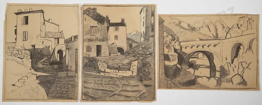 John Weeks (1888-1965) - Three Corsica Charcoal Studies Image 1++