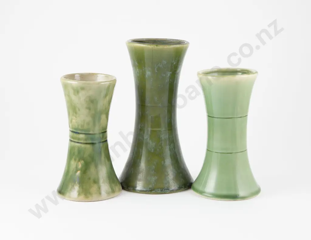 Temuka Potteries & Timaru Potteries Three Green Spill Vases Image 1++