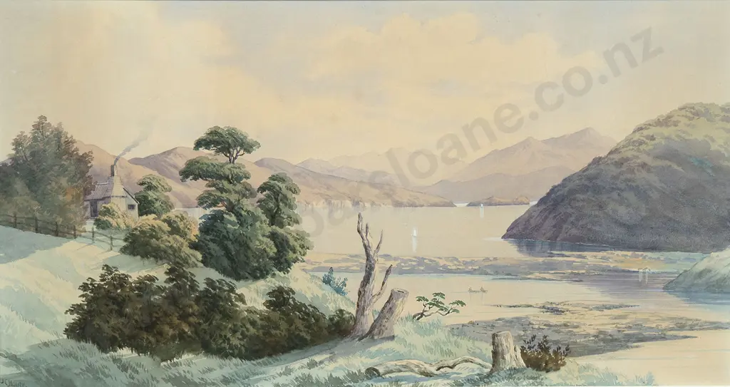 John Barr Clarke Hoyte (1835-1913) - Untitled Lake Scene with Cottage Image 1++